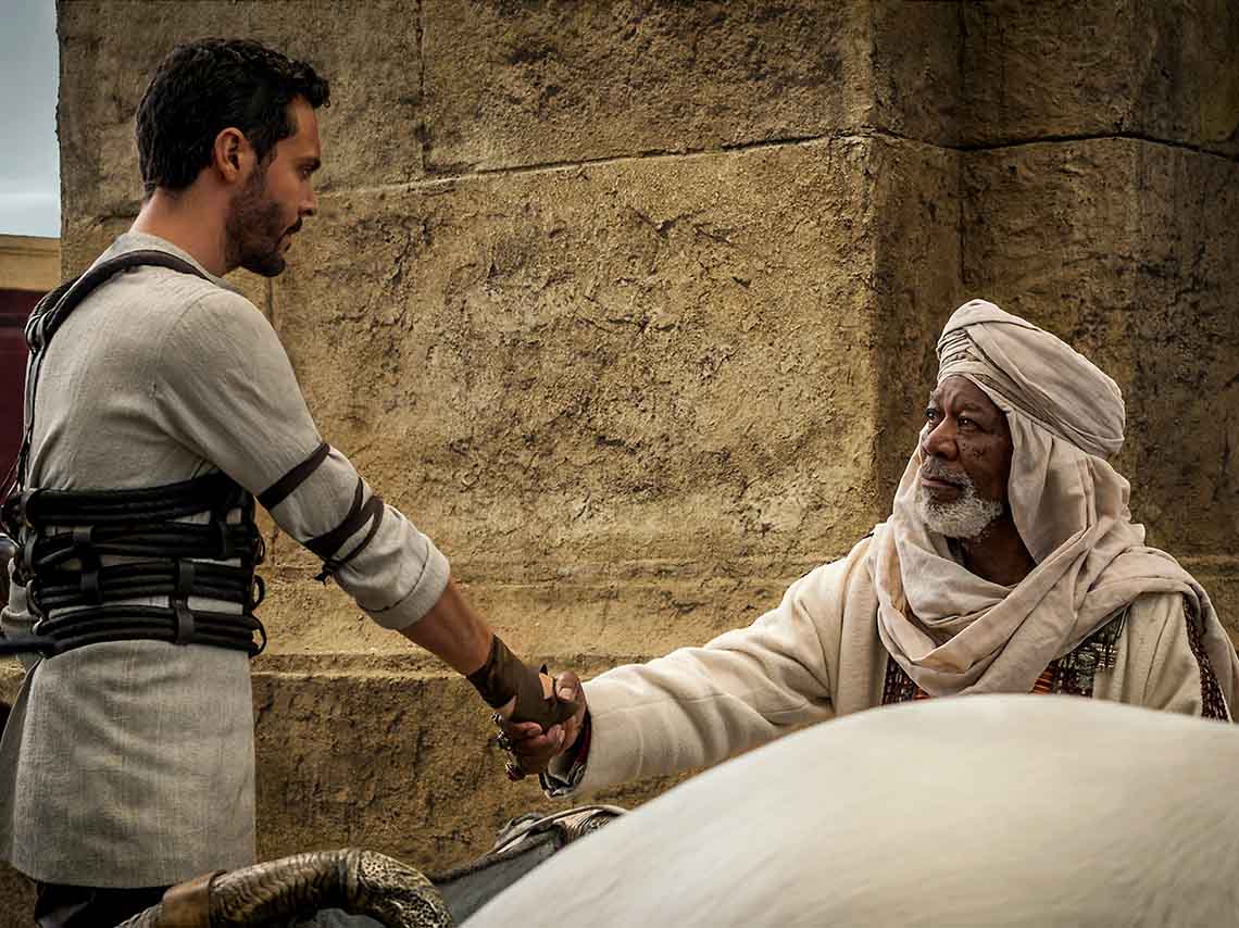 Jack Huston plays Judah Ben-Hur and Morgan Freeman plays Ilderim in Ben-Hur from Metro-Goldwyn-Mayer Pictures and Paramount Pictures.