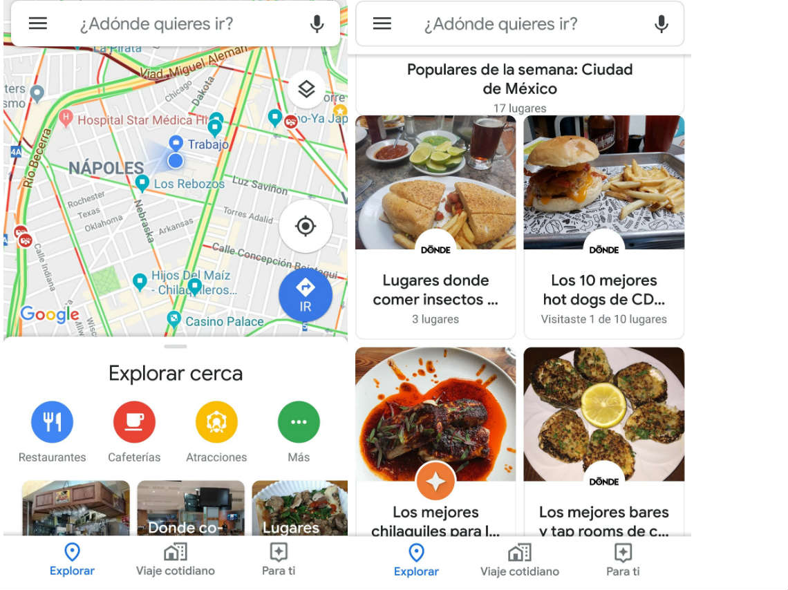 Listados de Explore, Dónde Ir y Google Maps