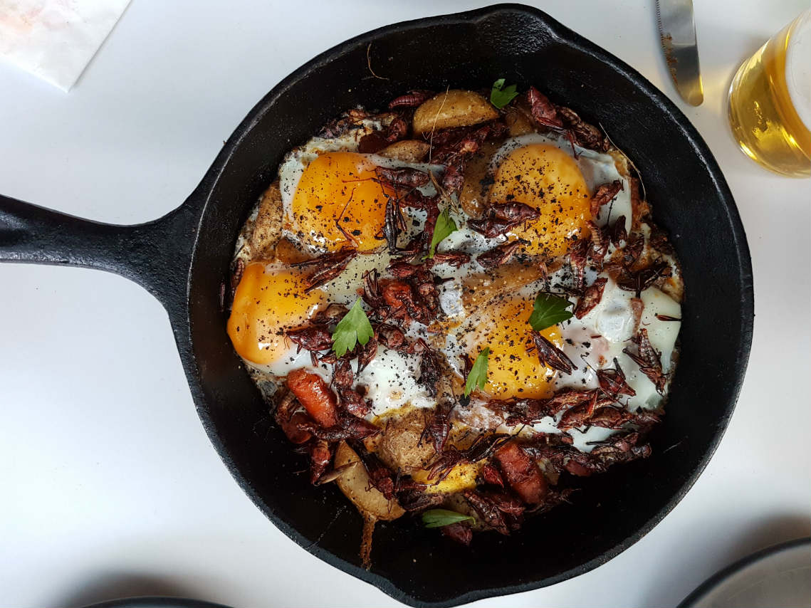 Huevos rotos con chapulines