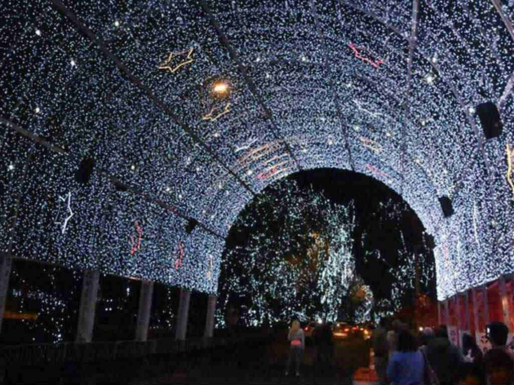 Villa Iluminada con pinos y luces