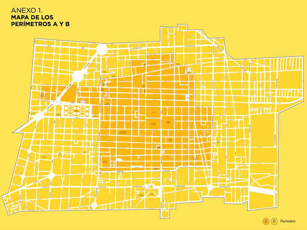 Mapa del perímetro A y B del centro Histórico