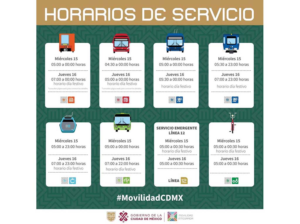 horarios del transporte público para el 15 y16 de septiembre