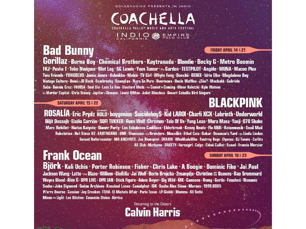 Line-up oficial de Coachella 2023. Será transmitido por streaming