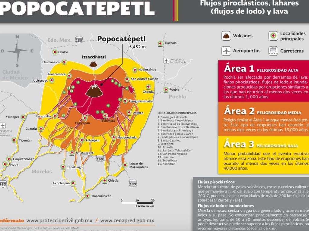 Mapa de riesgo volcán popocatépetl