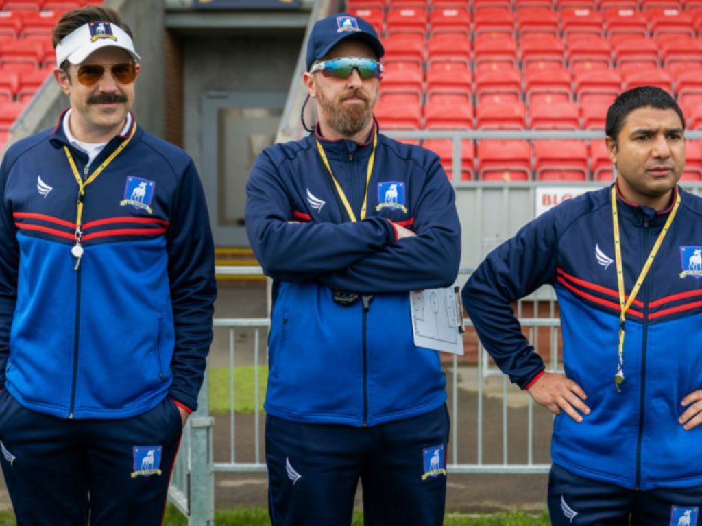 Jason Sudeikis, Brendan Hunt y Nick Mohammed en Ted Lasso