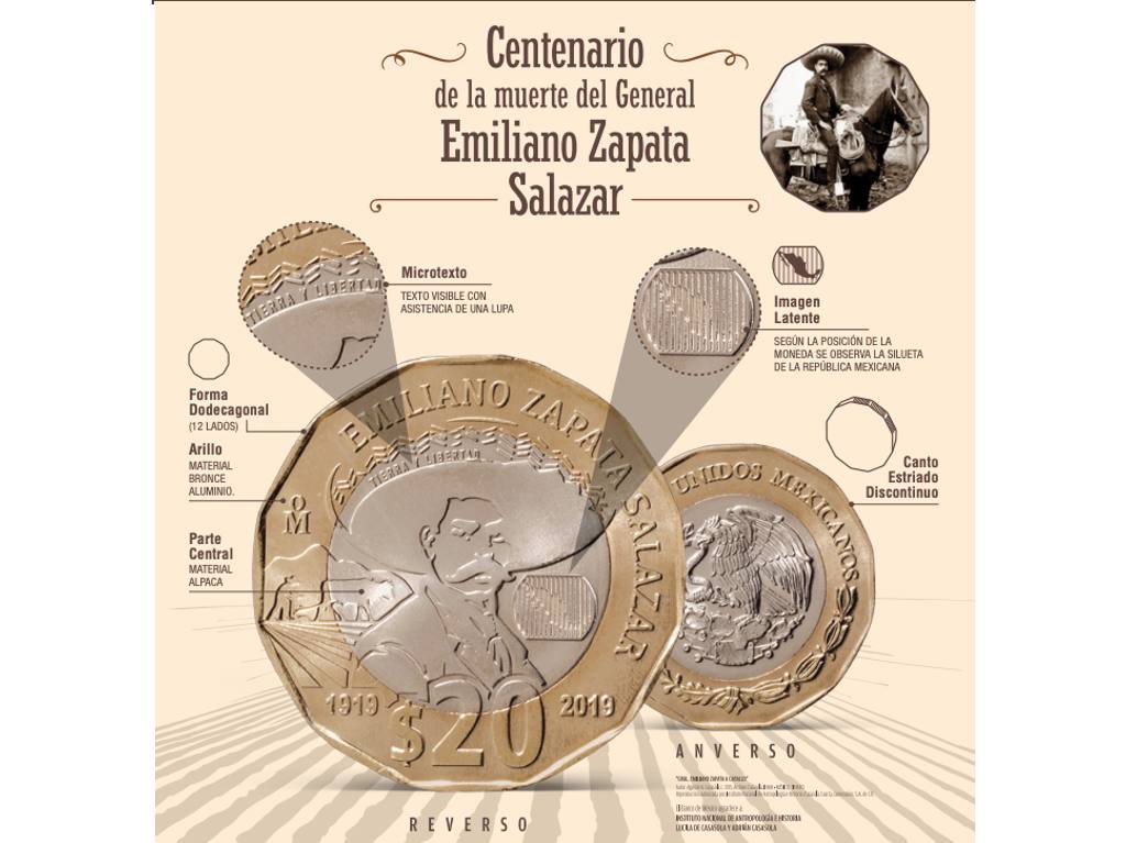 moneda de $20 del centenario de la muerte del general zapata
