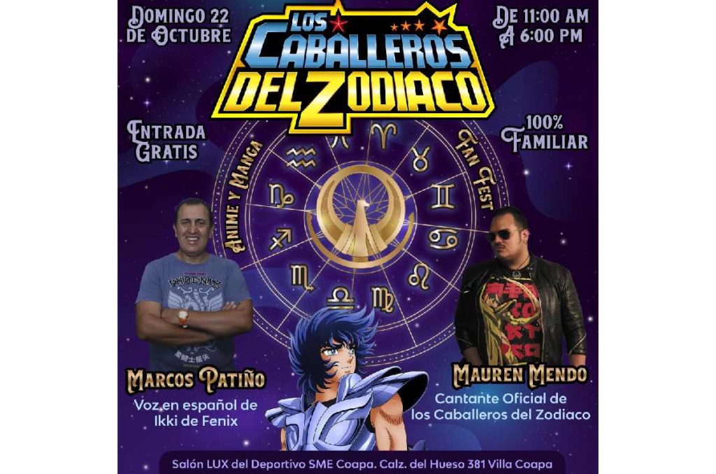 Ka voz en español de Ikki de Fénix, Marcos Patiño, y el cantante oficial del soundtrack en español latino, Mauren Mendoza, presentes en el Fan Fest de Caballeros del Zodiaco 