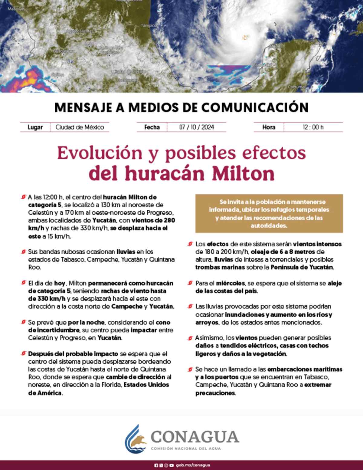 ¡Huracán Milton ya es categoría 5! Estos son los estados de México en alerta 0