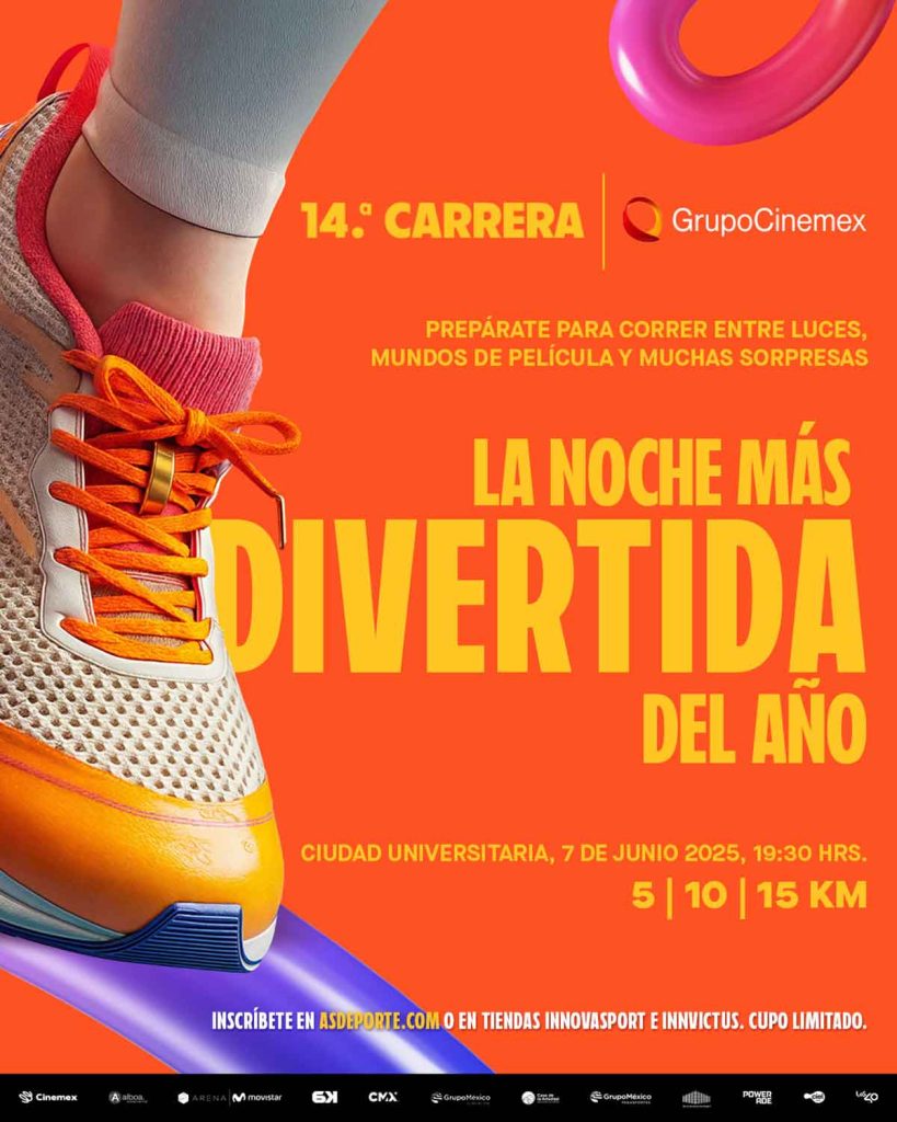 Carrera Grupo Cinemex celebra su 14.ª edición el 7 de junio en el Estadio Olímpico Universitario. Corre 5, 10 o 15 km