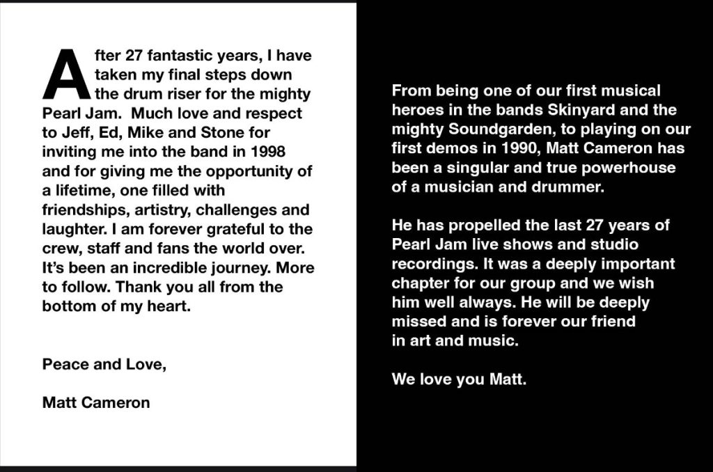 Pearl Jam Baterista Matt Cameron deja la banda