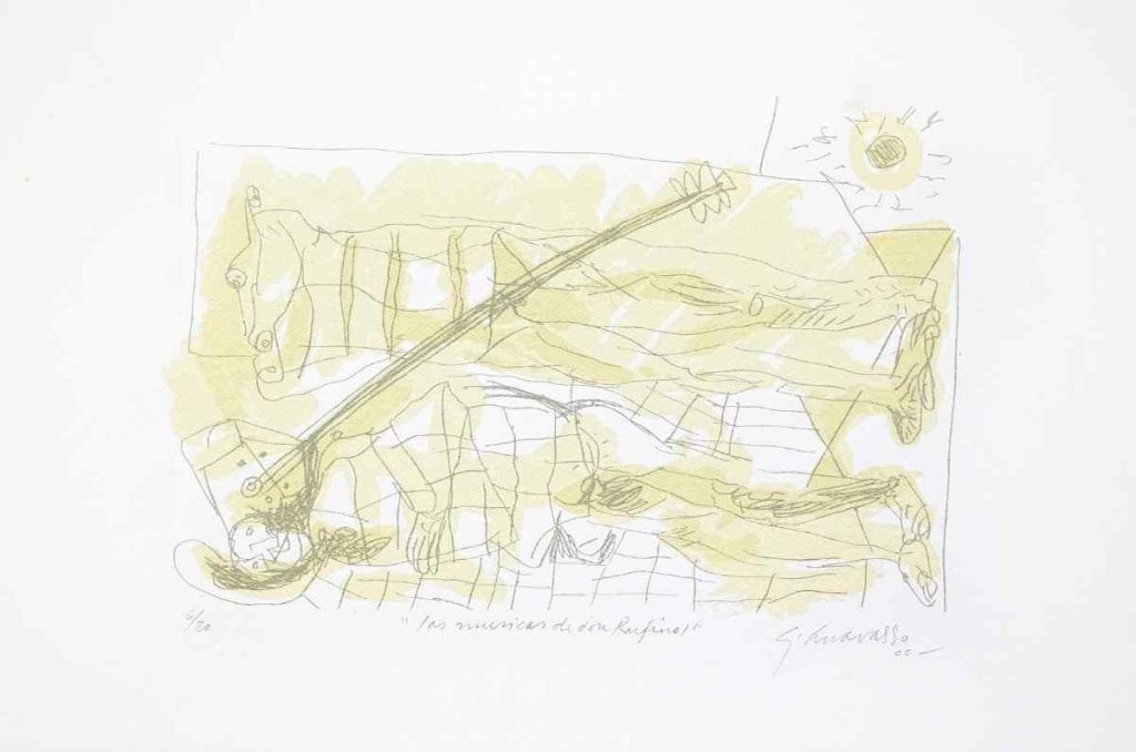 Gilberto Aceves Navarro
Las músicas de don Rufino 1, 2000
Serigrafía, 6/20
Medidas soporte: 32.6 x 48.2 cm.
Acervo Museo Nacional de la Estampa – INBA – Secretaría de Cultura