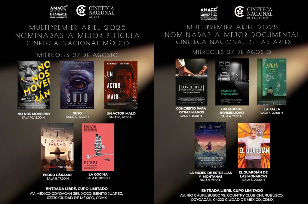 Premio Ariel 2025 ciclo de cine mexicano gratis películas y documentales en cartelera Multipremier Cineteca Nacional