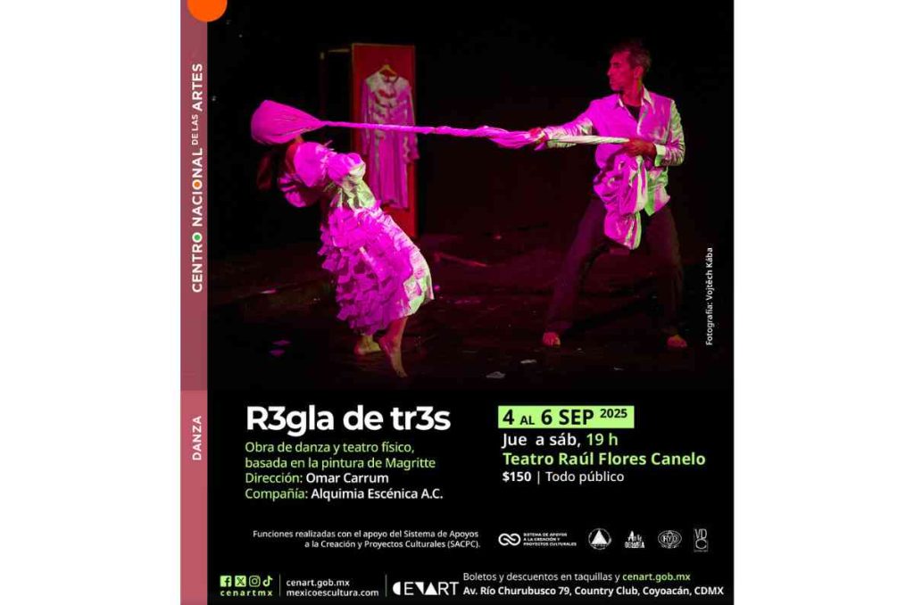 El universo surrealista de René Magritte inspira la obra R3GLA DE TR3S en el Teatro Raúl Flores Canelo