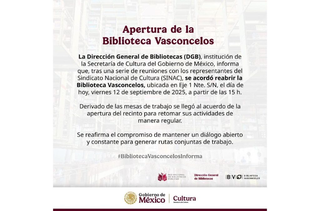Biblioteca Vasconcelos CDMX reapertura tras cierre horarios 2025