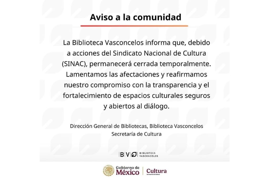 Biblioteca Vasconcelos cerrada paro trabajadores septiembre 2025 CDMX