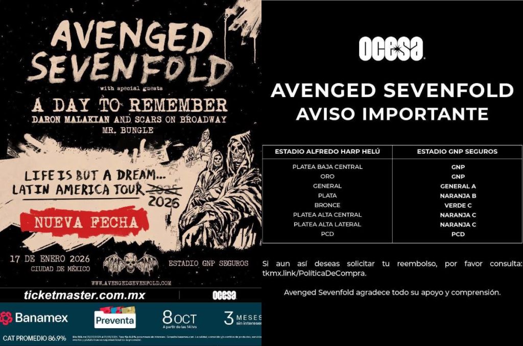 Avenged Sevenfold México 2026 concierto reprogramado Estadio GNP Seguros boletos y nuevas zonas.