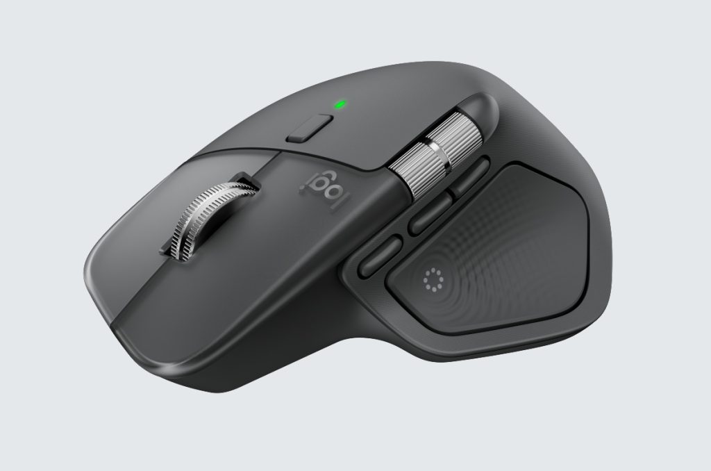 Mouse Logitech MX Master 4 sobre un fondo gris.