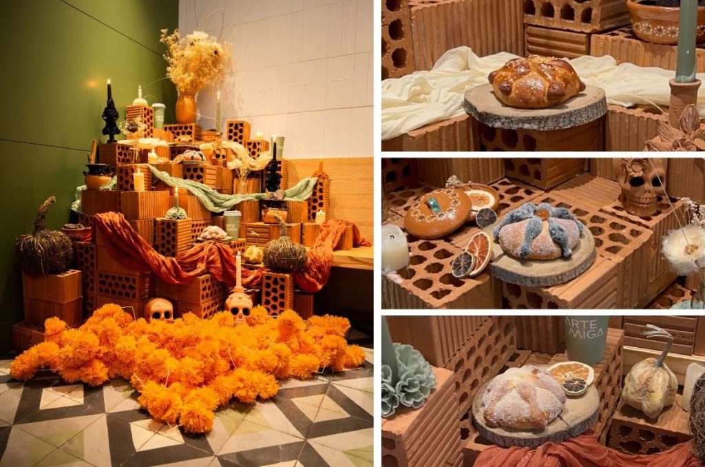 Ofrenda de Artemiga, con pan de muerto en cada nivel