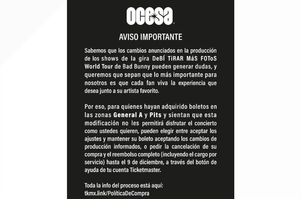 Bad Bunny CDMX reembolso Ticketmaster de boletos conciertos Estadio GNP Seguros