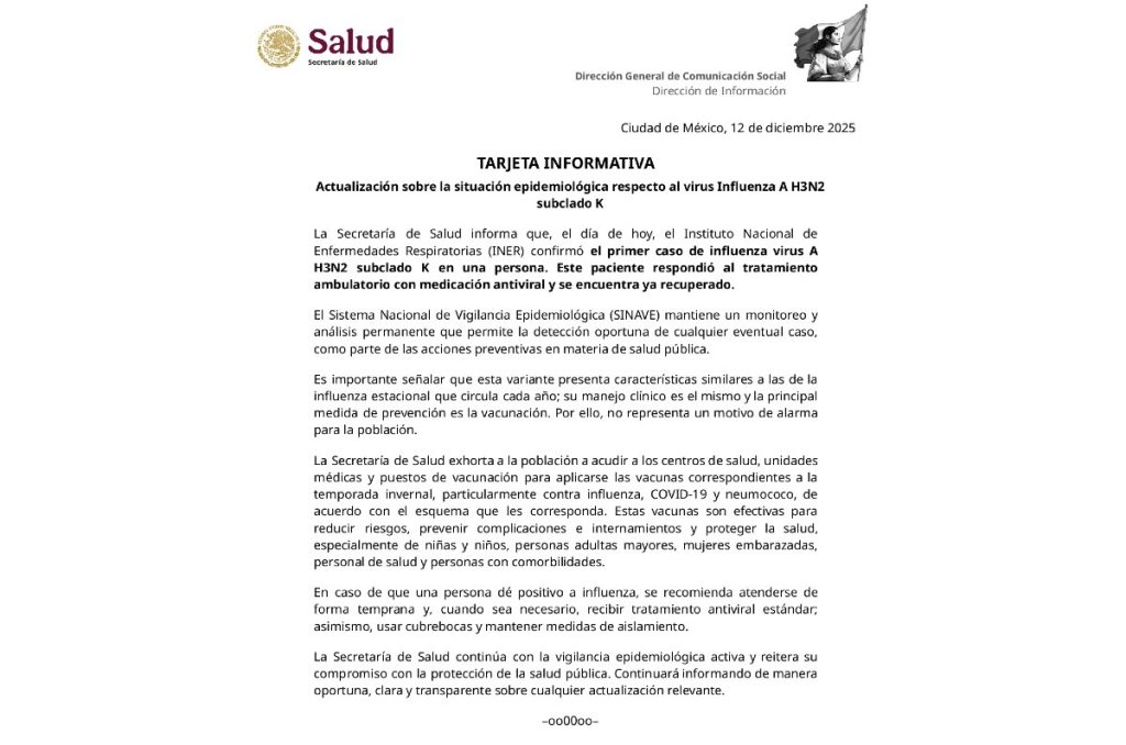 Influenza A H3N2 México primer caso síntomas, vacuna y tratamiento