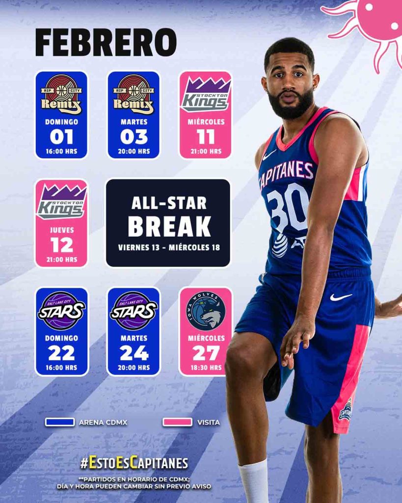 El calendario de febrero para Capitanes CDMX incluye series locales en la Arena y giras determinantes frente a los Stockton y Iowa