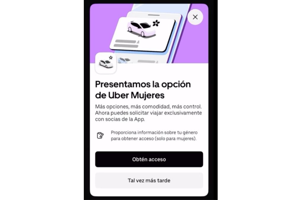 Uber habilita opción para viajar solo con mujeres